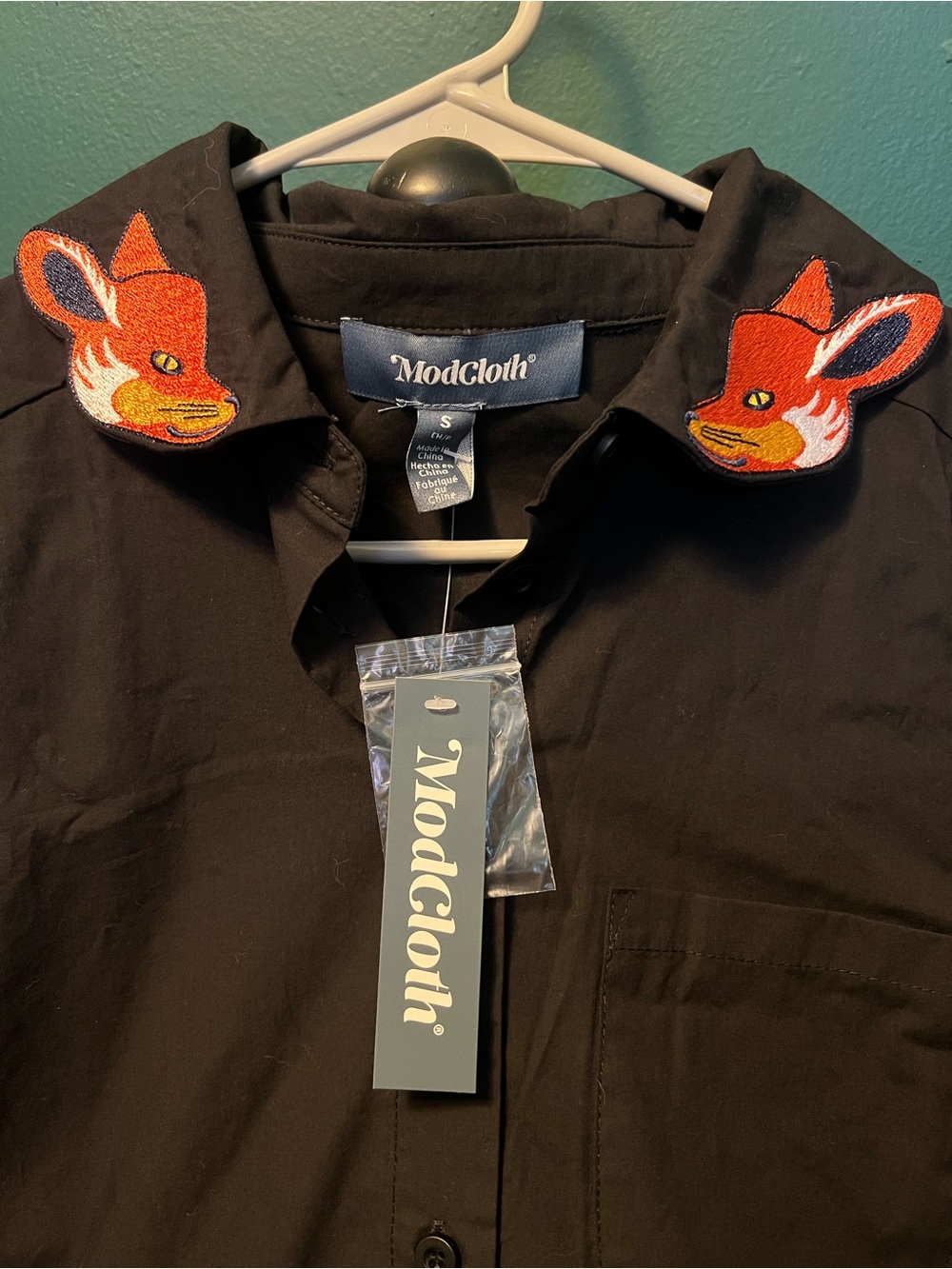 ModCloth Black Button-Down Shirt with Red Fox Collar Embroidery